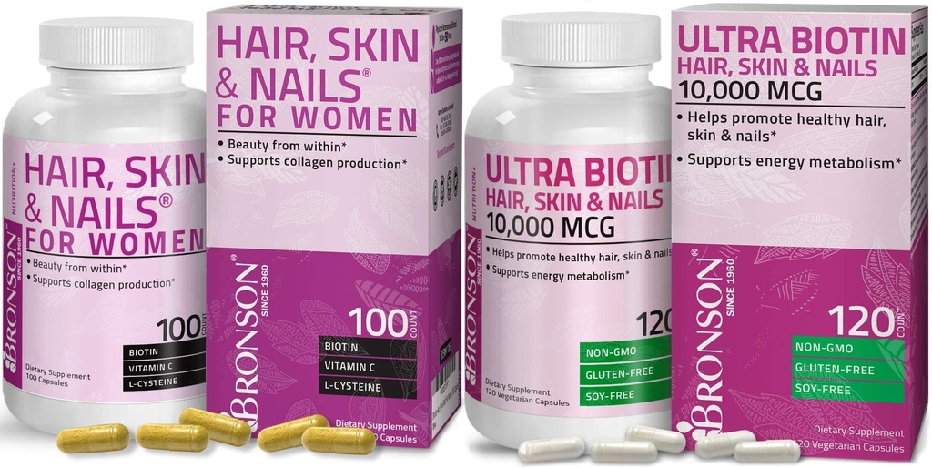 Bronson Hair, Skin & Nails con Biotin Supplemento di Vitamina Extra Strength per le Donne + Ultra Biotin 10.000 Mcg