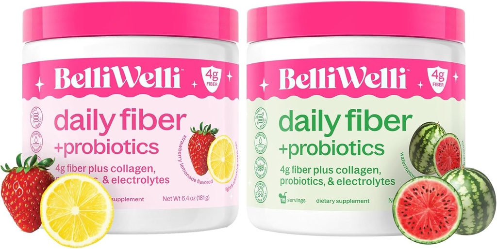 Belli Welli Daily Fiber Supplement Bundle - Fragola Limonata & Watermelon - Collagene, Probiotici ed Elettroliti per Benessere Equilibrato - Raffreddamento Sapori, 32 Serve Totale