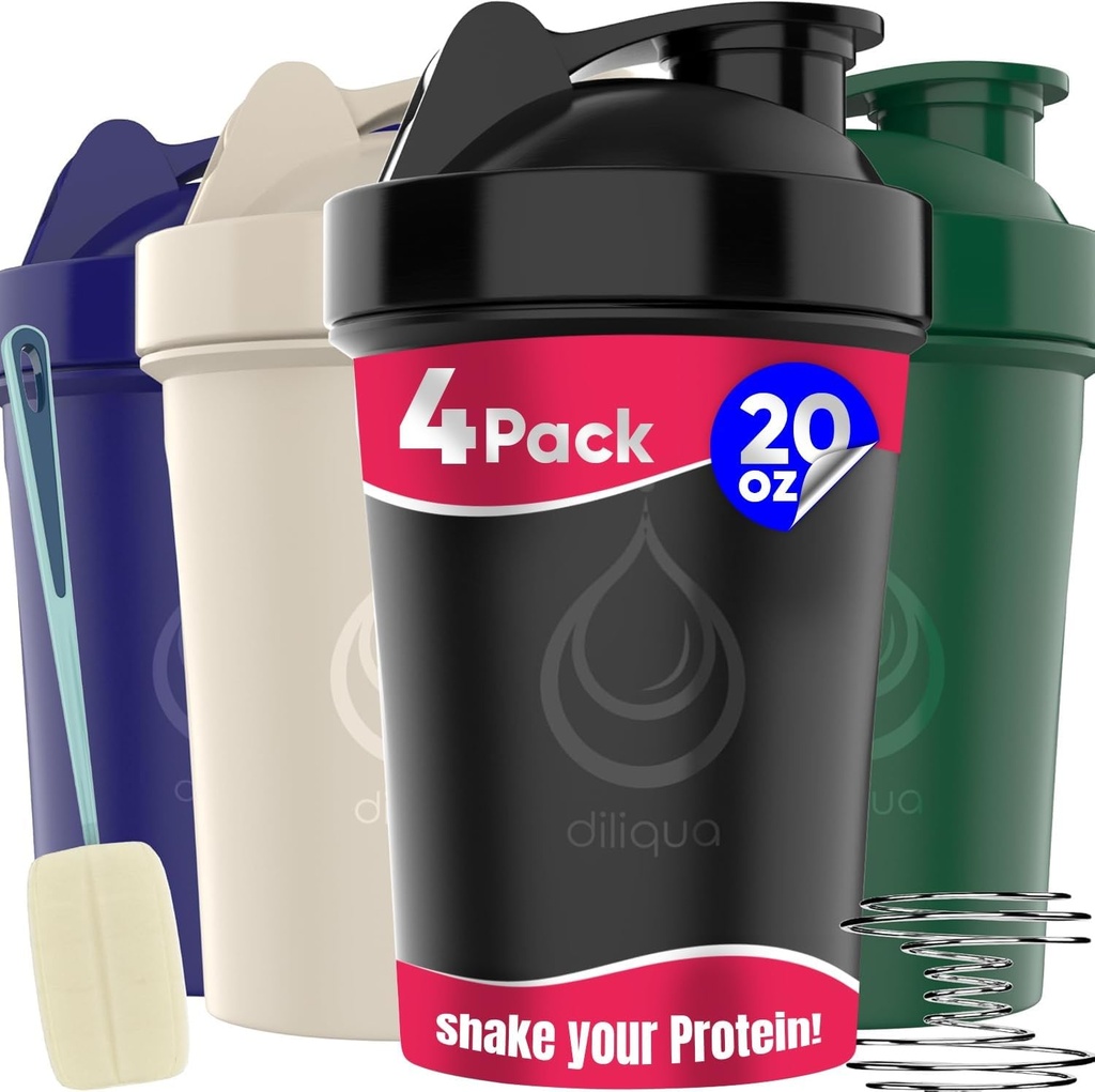 4 PACK, 20 oz Shaker Bottiglie con fruste di filo per miscele di proteine | Confezione flacone per frullatore a leakproof | BPA-Free & Lavastoviglie Cassaforte | Bottiglia per shaker | Tazze per shakes