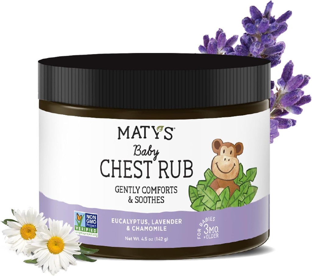 Matys Baby Chest Rub, Soothing Congestion Vapor Rub per i bambini 3 mesi Vecchio +, Clean & Comforting Eucalyptus, Lavanda, & Camomilla per il sonno, Non-GMO, Petroleum Free, Menthol Free, 4.5 oz Tub