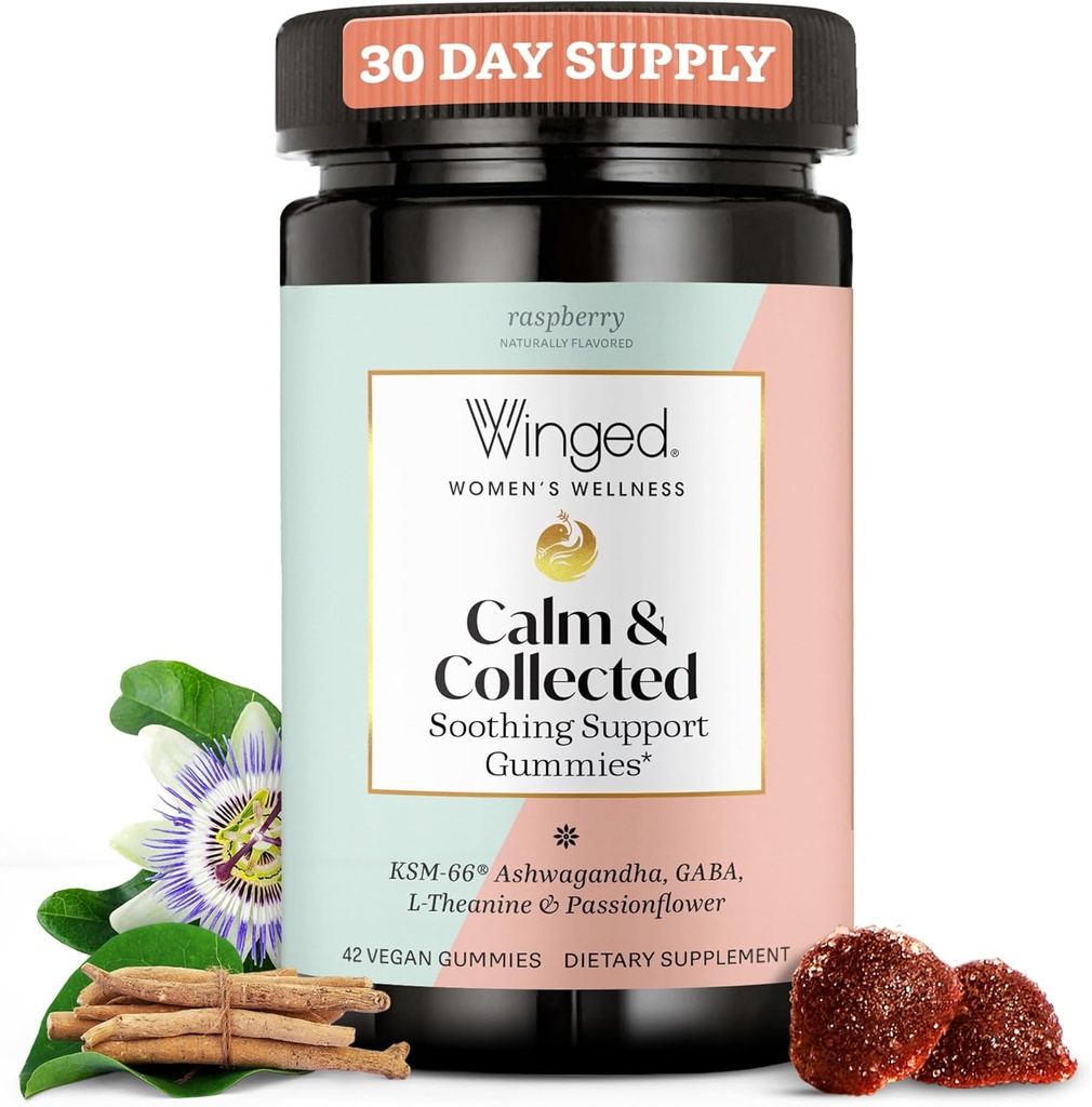 Benessere Winged Calm & Collected, Stress Relief Gummiess - Stress Support Supplement con KSM-66 Ashwagandha, L-teanina, GABA & Passionflower - Vegan & Gluten-Free Gummy - Raspberry, 42 Count