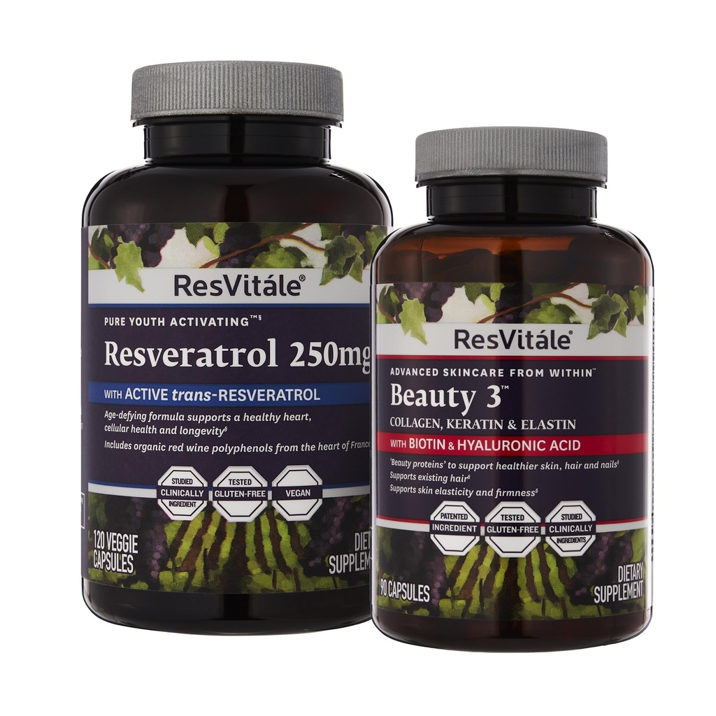 ResVitale Beauty 3 - Integratore per la cura della pelle con collagene, Keratin & Elastin - 90 capsule & Resveratrolo 250 mg - Integratore di resveratrolo per uomini e donne - 120 capsule vegetali