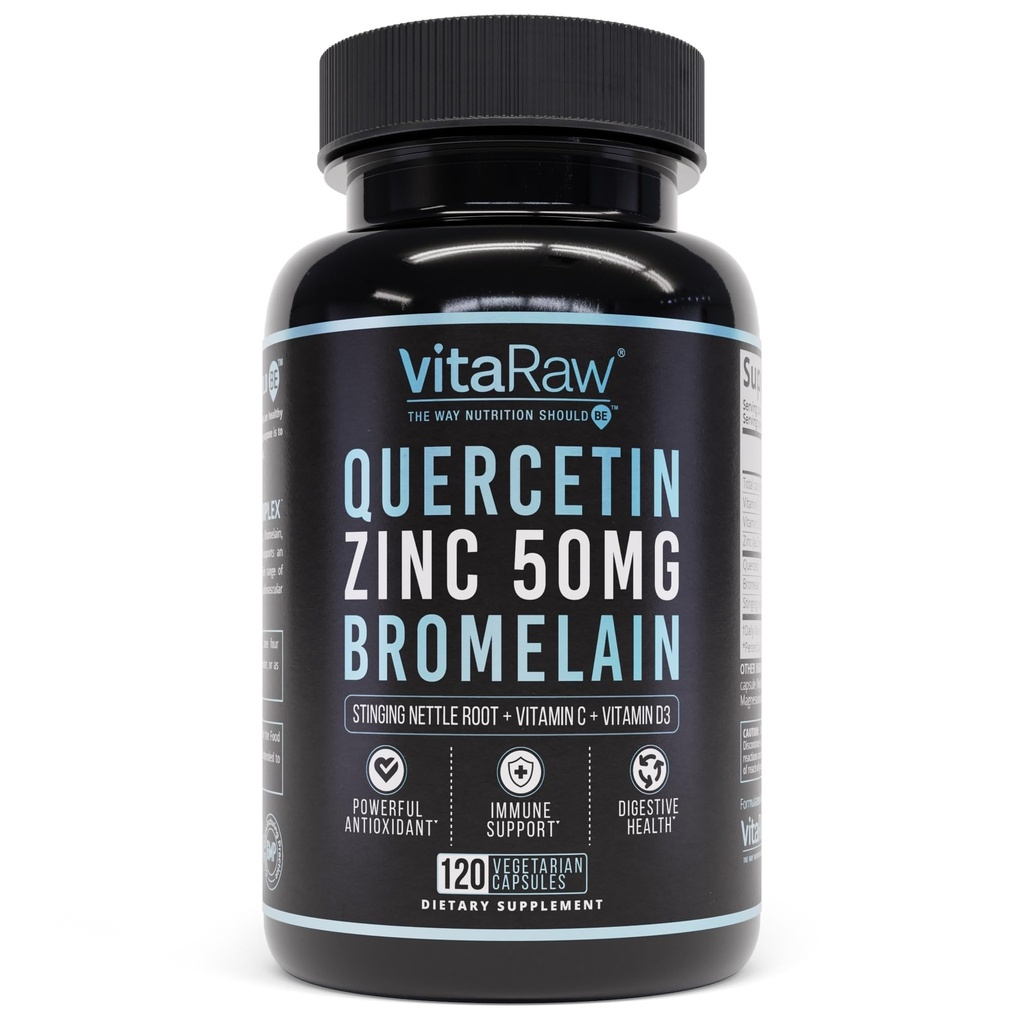 Quercetina con Bromelain 500mg Capsule, Supporta risposta immunitaria, Comfort congiunto, &amp; Benessere generale - Vitamina C, Zinc 50mg, & Vitamina D3 5000 IU - Pillole di salute dell'immunità