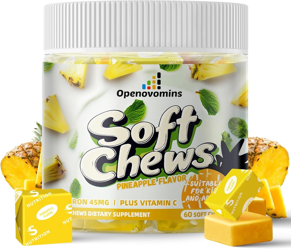 Cuciture di supplemento di ferro con vitamina C per le donne Uomini e bambini, Mastica morbida di ferro vegano naturale con vitamina B6, B12, D, calcio e zinco - Supporto energetico, 60 Ananas SoftChews, 2 mesi di alimentazione