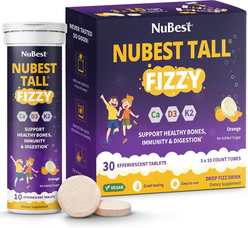 NuBest Tall Fizzy - Bone Strength, Immunity, Digestive Health for Kids Età 4+ & Teens | Probiotico, Calcio, Magnesio da alghe marine rosse, Vitamine | 30 compresse effervescenti arancio | Confezione 3