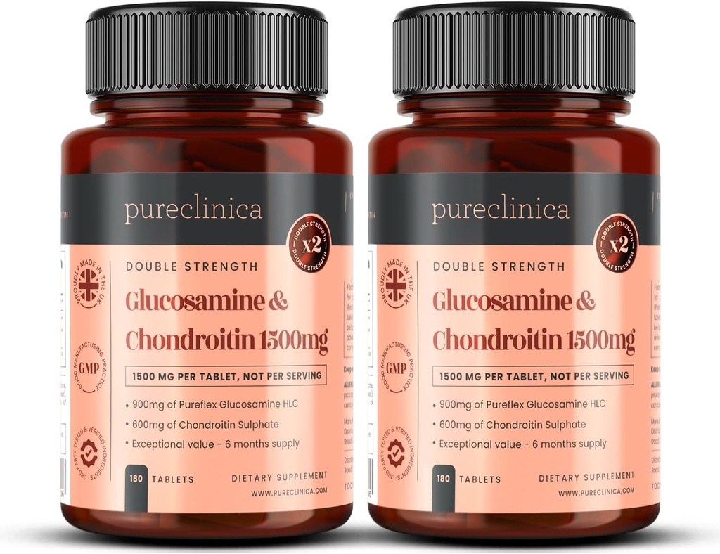 pureclinica 1500mg Glucosamine HLC e Chondroitin x 360 compresse (2 bottiglie di 180) - 12 mesi di fornitura. Il più efficace e bio attivo: Condroitina 90%, Glucosamina HCL 83.1%
