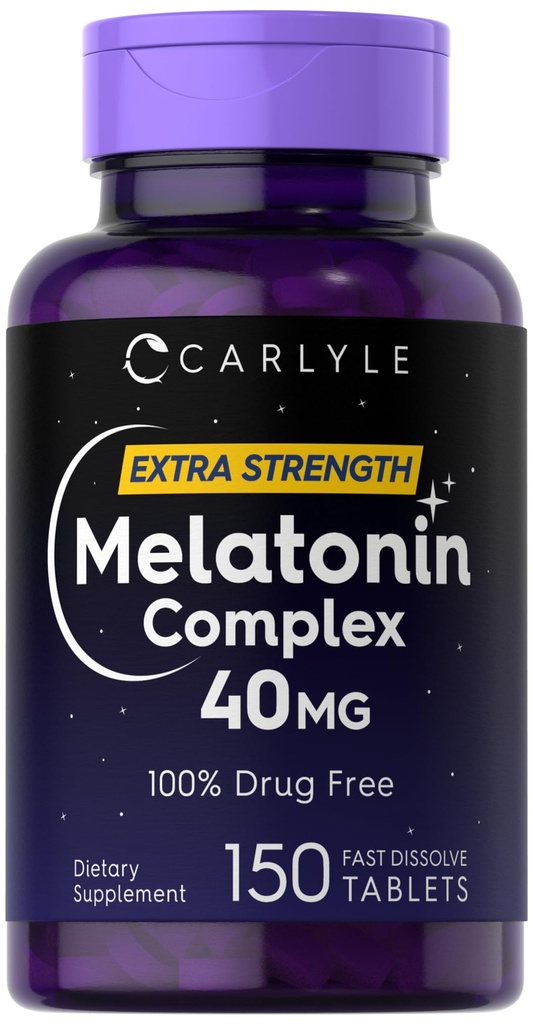 Carlyle Melatonin 40mg Complex | 150 compresse disciolte veloci | Supporto di resistenza supplementare | con Ashwagandha e camomilla | Vegetariano, Non OGM, Gluten Supplemento gratuito