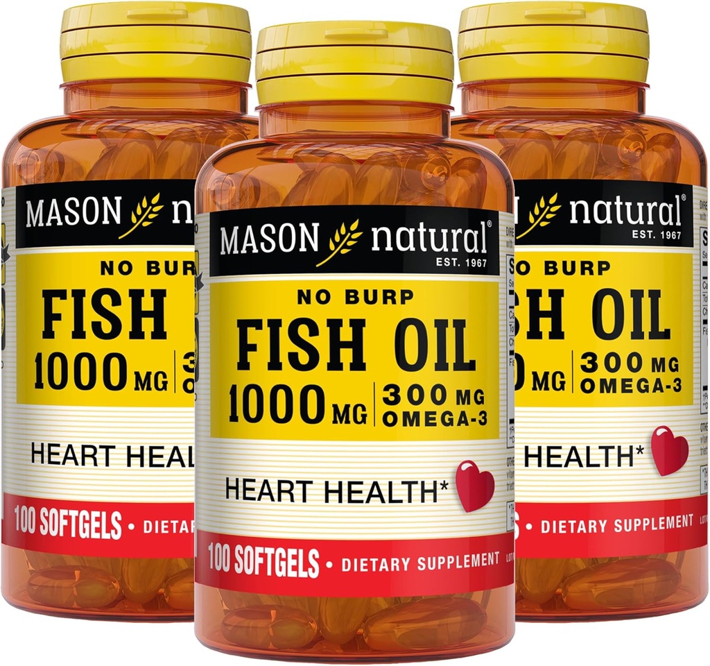 Mason Natural No Burp Fish Oil 1000 mg Omega,3 300 mg, Supporta la salute del cuore normale, 100 Softgels (Pack of 3)