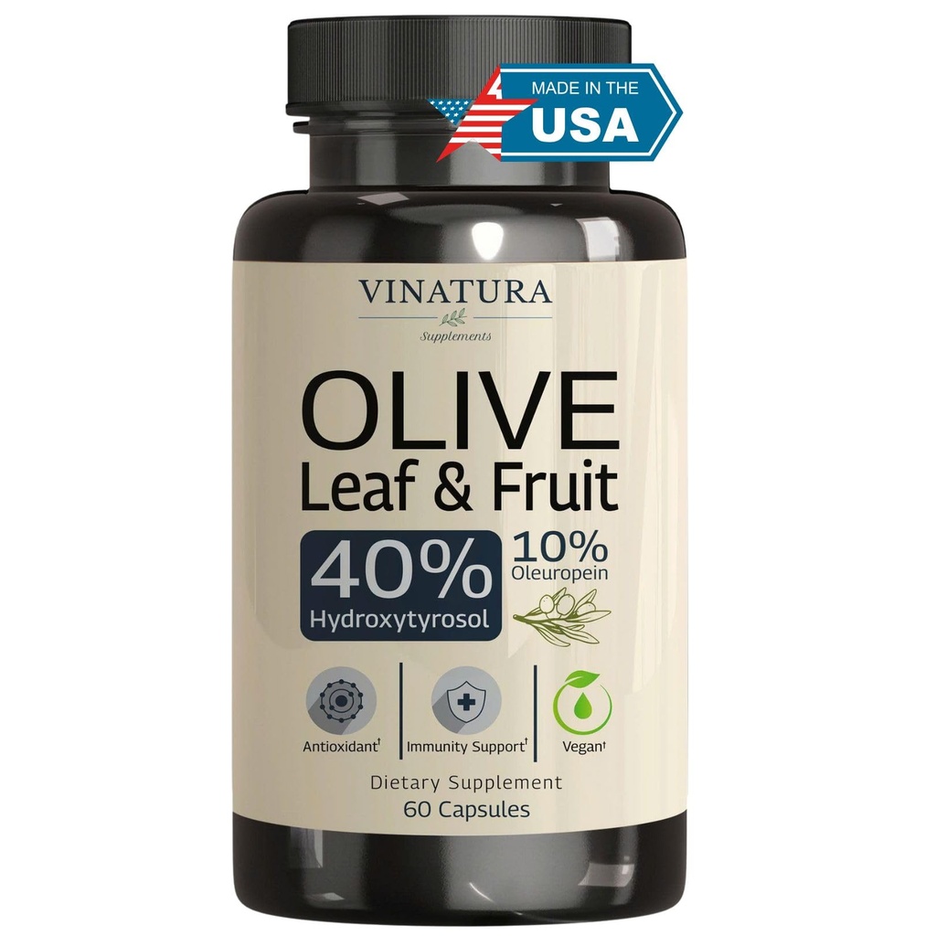 Integratore VINATURA Hydroxytyrosol, Estratto di Foglia di Oliva - 40% Estratto di Frutta di Oliva di Hydroxytyrosol, 50% Oleuropein Olive Leaf Extract Capsules - 60 Capsule