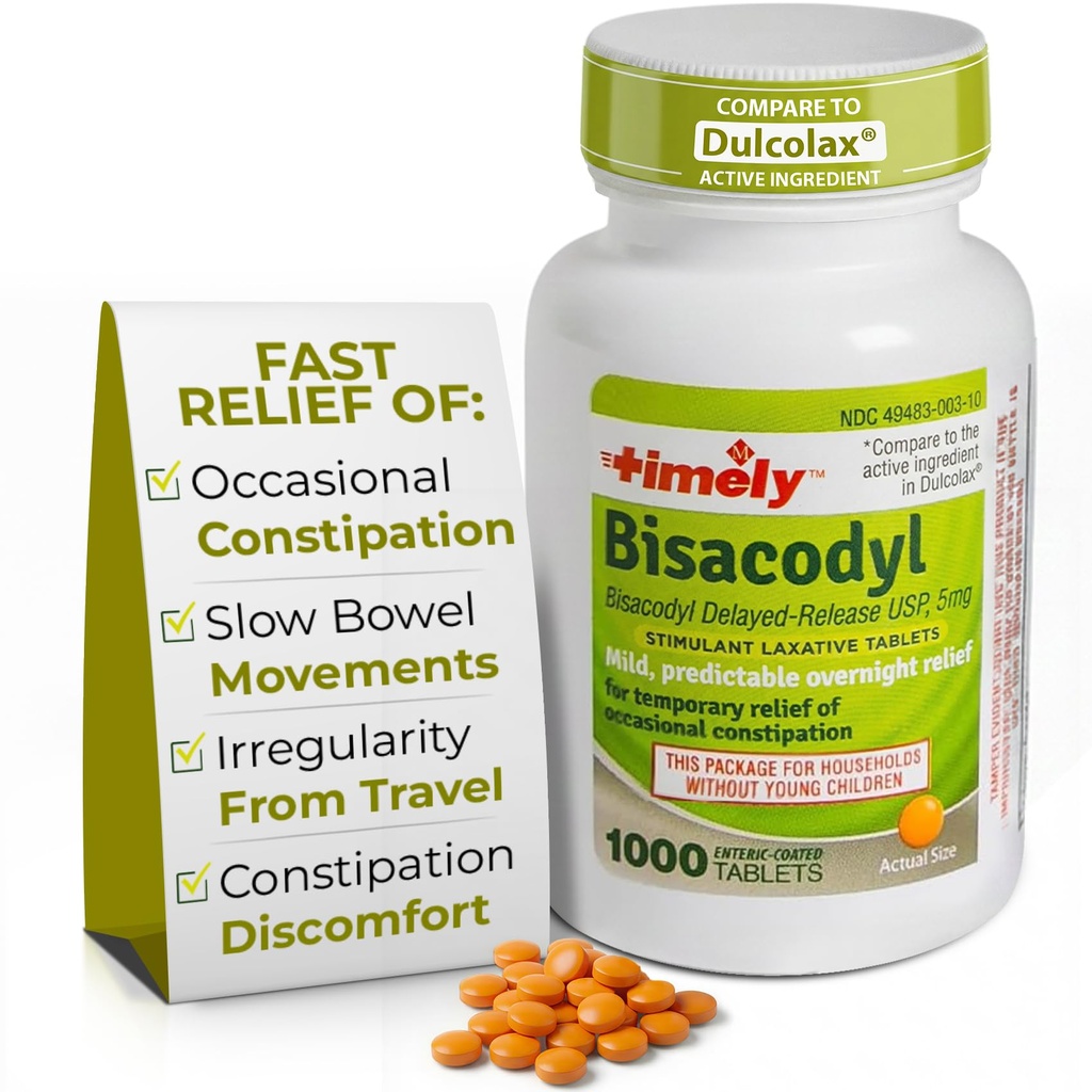 Timely Laxative Bisacodyl 5mg Tablets - Stimolant Lassativi per la costipazione Fast Acting & Gentle - Rilievo di costipazione notturna per adulti -1000 compresse