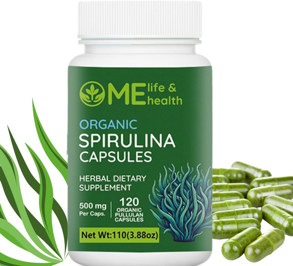 ME LIFE & HEALTH Spirulina Capsule, 100% Polvere di Spirulina Organica (120 ct) 500mg Ricco di Proteine, Vitamina A, B12 Antiossidanti & Vitamine, Vegan, Spirulina Naturale e Pure Non-OGM & Gluten Free