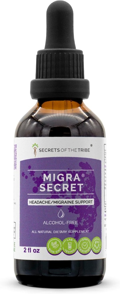 Segreti della Tribù - Migra Segreto, Headache/Migraine Support, Integratore di erbe Miscela Gocce Estratto liquido senza alcool (2 fl oz)