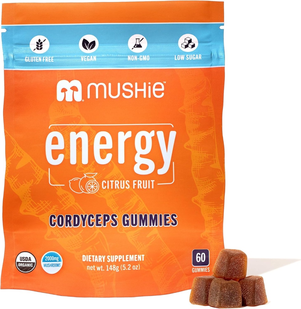 Mushie 100% Organic Cordyceps Mushroom Gummies - 2000mg Cordyceps Militaris Nootropic per l'energia e il supporto immunitario con vitamina D - Vegan, senza glutine - 60 Conte