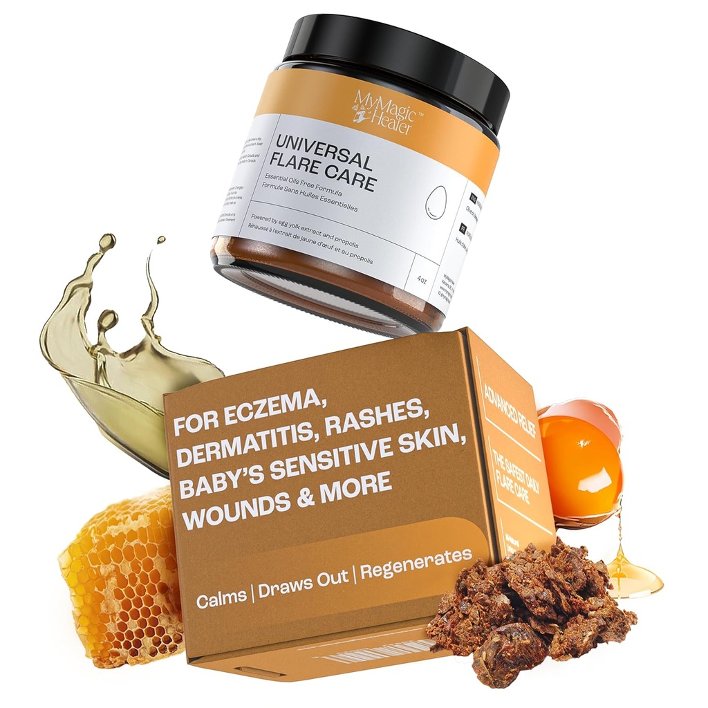 MyMagicHealer Universal Flare Care | Olio Essenziale Libero | Rilievo per Rashes, Eczema, Psoriasis, Hidradenitis Suppurativa, Impetigo, Dermatite, Cura del Wound, Pelle sensibile w/Propolis & Egg Yolk 4 oz