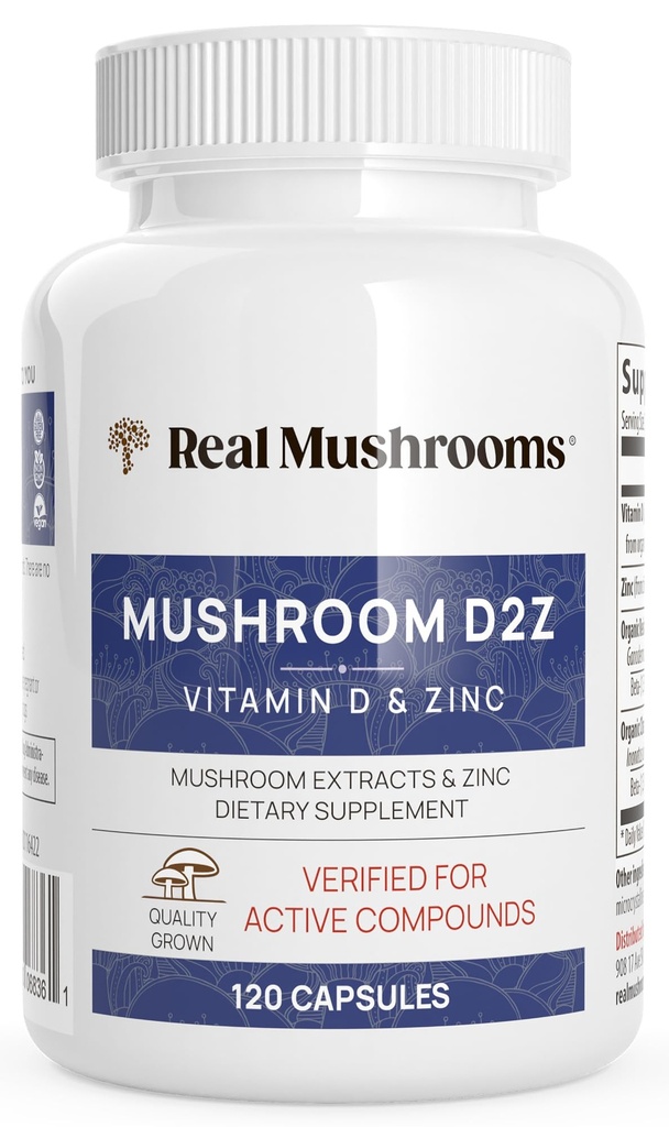 Funghi reali Zinco e Vitamina D2 Capsule – con Chaga Organico e Estratto di Fungo Reishi – Vitamine per il supporto benessere complessivo – Vegan, Non OGM, Gluten-Free – 120 Count Mushroom Supplement