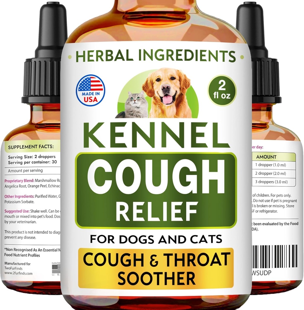 Liquido per il trattamento della tosse del Kennel - Suppressore della tosse per cani e gatti - Soffitto della gola - Rilievo della tosse del Wet & Barky Pet per tutte le razze - Supporto Trachea & Cat Asthma del collo - Made in USA - 2 Fl Oz