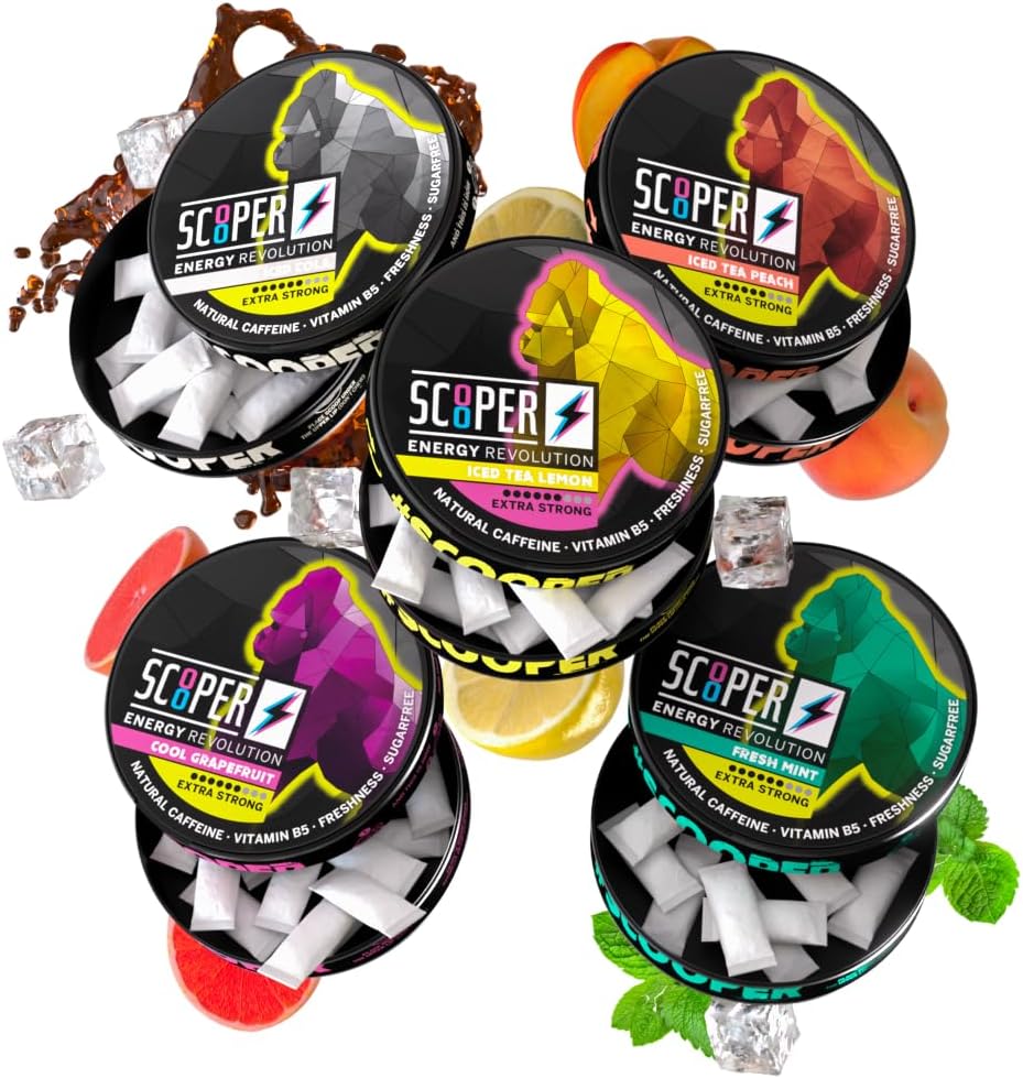 Scooper Energy I 5 cans I All-in-One-Box I Energy Pouches Sugarfree I 80 mg Caffeina naturale Tutto Flavour Pack I 12 Pouches I Cool Grapefruit, Fresh Mint, Iced Cola, Peach & Lemon Tea