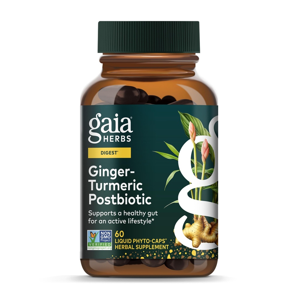 Gaia Herbs Ginger-Turmeric Postbiotic - Premium Digestive Support Supplemento per Gut Health - Realizzato con curcuma e zenzero Fermentato - Libero dalla Daieria, Soia e Gluten - 60 Capsule Vegan (30 Serve)