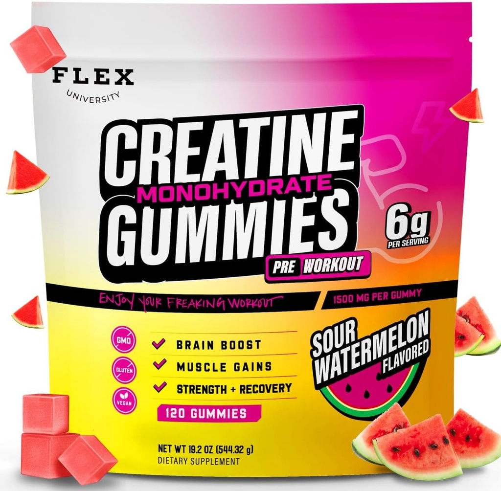 Creatina PreWorkout Gummies per Uomini Donne 6g, Creatina Monoidrato Pre Post Workout Recovery Muscle Building Supplement Protein Chewables, Vegan Watermelon Creatina Gym Booty Growth Gains (120 Ct)