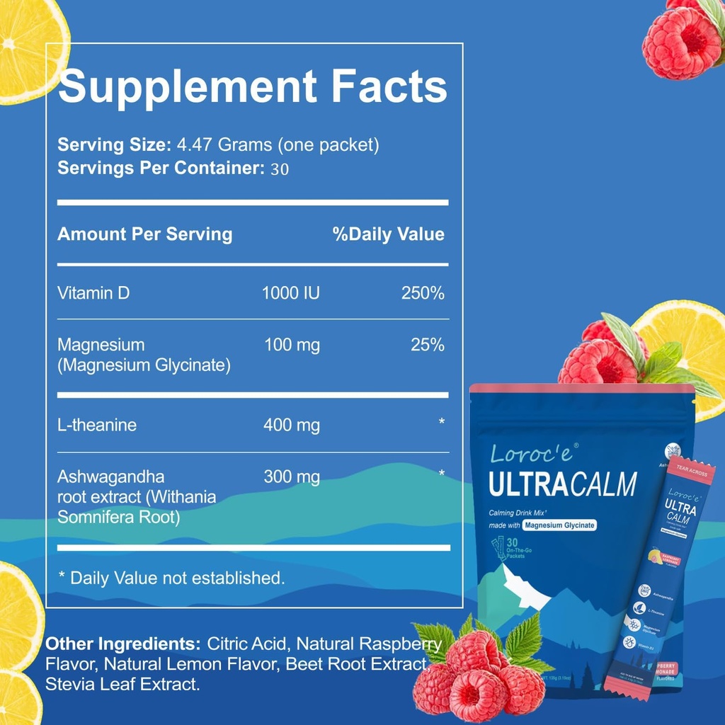 UltraCalm Super Cortisol Beva, Polvere di glicinato di magnesio calma (30 Serve), L-teanina, Ashwagandha, Vitamina D, No Zucchero, Limonata di lampone Electrolytes Polvere-1