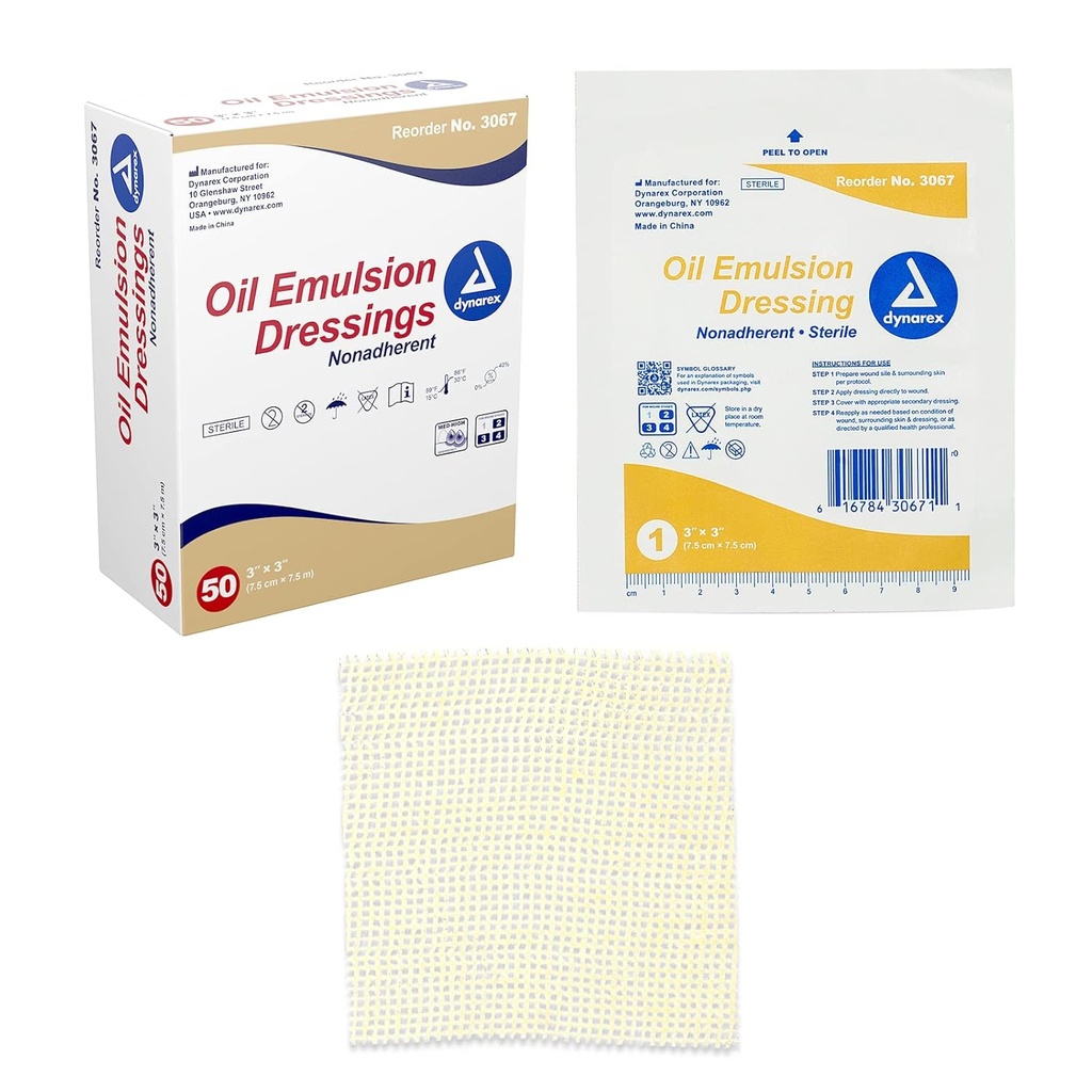 Vestiti di emulsione dell'olio di Dynarex, Cura del tessuto, Assorbente, 3" x 3" Sterile in maglia condimento con miscela di emulsione di petrolio e olio di girasole, 1 scatola di 50 Abiti di emulsione dell'olio