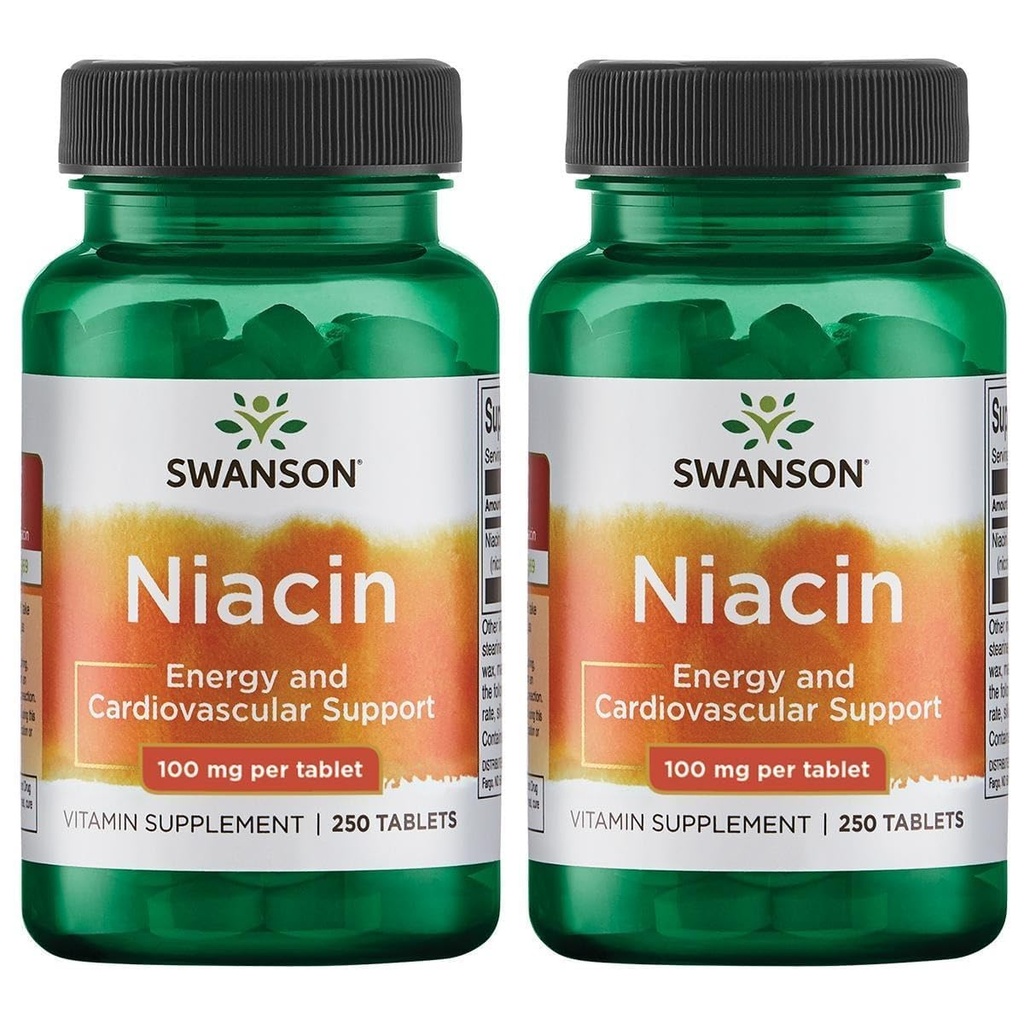 Swanson Niacin (Vitamin B3) - Integratore di vitamina che supporta la salute del cuore e il metabolismo dei carboidrati - promuove la produzione di energia naturale - (250 compresse, 100 mg NE ciascuno) (2 Confezione)