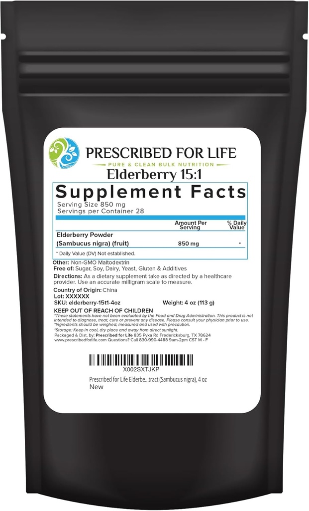 Prescritto per la polvere di sambuco di vita, mirtillo in polvere per adulti, alto contenuto di vitamina C, pieno di fibre e antiossidanti dietetici, vegano, senza glutine, non OGM (4oz / 113g)