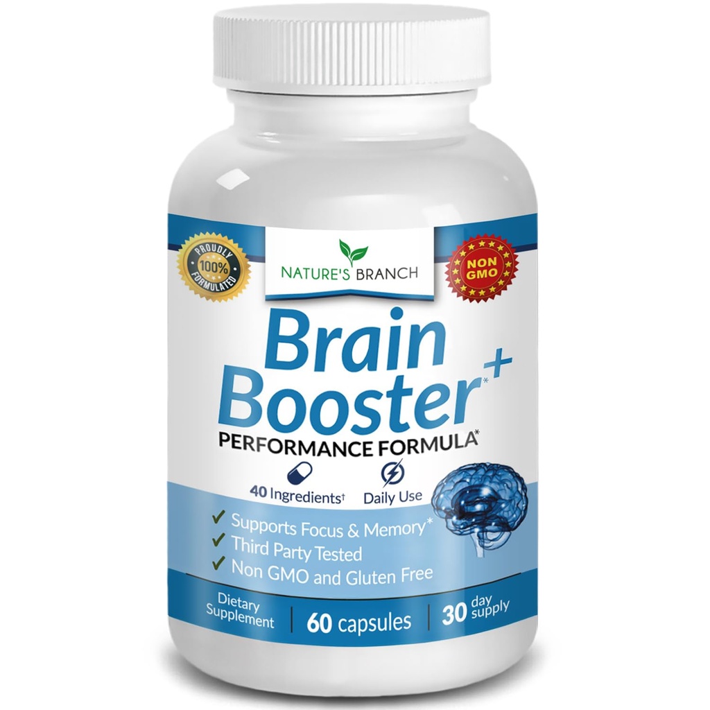 40-in-1 Booster del cervello supplemento per messa a fuoco, memoria, chiarezza, energia | vitamine avanzate Plus eBook | per gli uomini e le donne, funzione cognitiva Nootropic supporto con DMAE, Mind Health Formula | 60 capsule