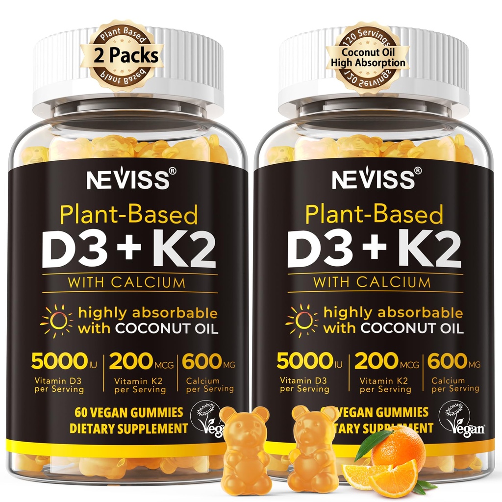Vitamina D3 5000iu & K2 (come MK7 ) 200mcg Gummies + 600mg di calcio, con olio di cocco per l'assorbimento elevato, supplemento di vitamina D3 K2 di massima resistenza - Supporto per denti muscolari di ossa Immune, Vegan 2Packs