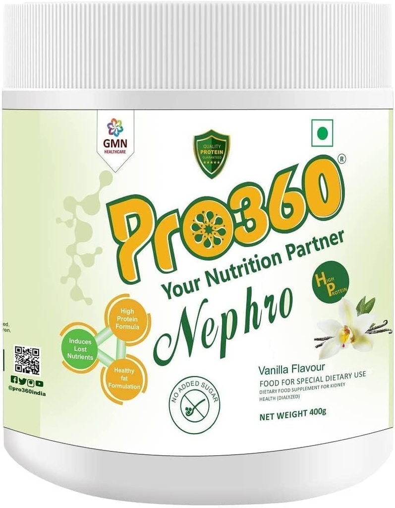 Nephro HP - Dialysis Care Nutritional Protein Drink (Vanilla Flavour) No Aggiunto Zucchero, Supplemento dietetico speciale per la salute renale/renale, 400 Gm
