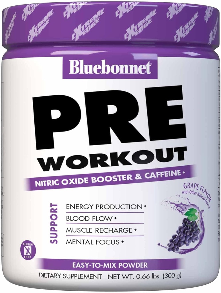 BlueBonnet Nutrition Extreme Edge Pre allenamento, aumenta i livelli di ossido nitrico (NO) - 30 porzioni, aroma di uva, 10.56 Oz