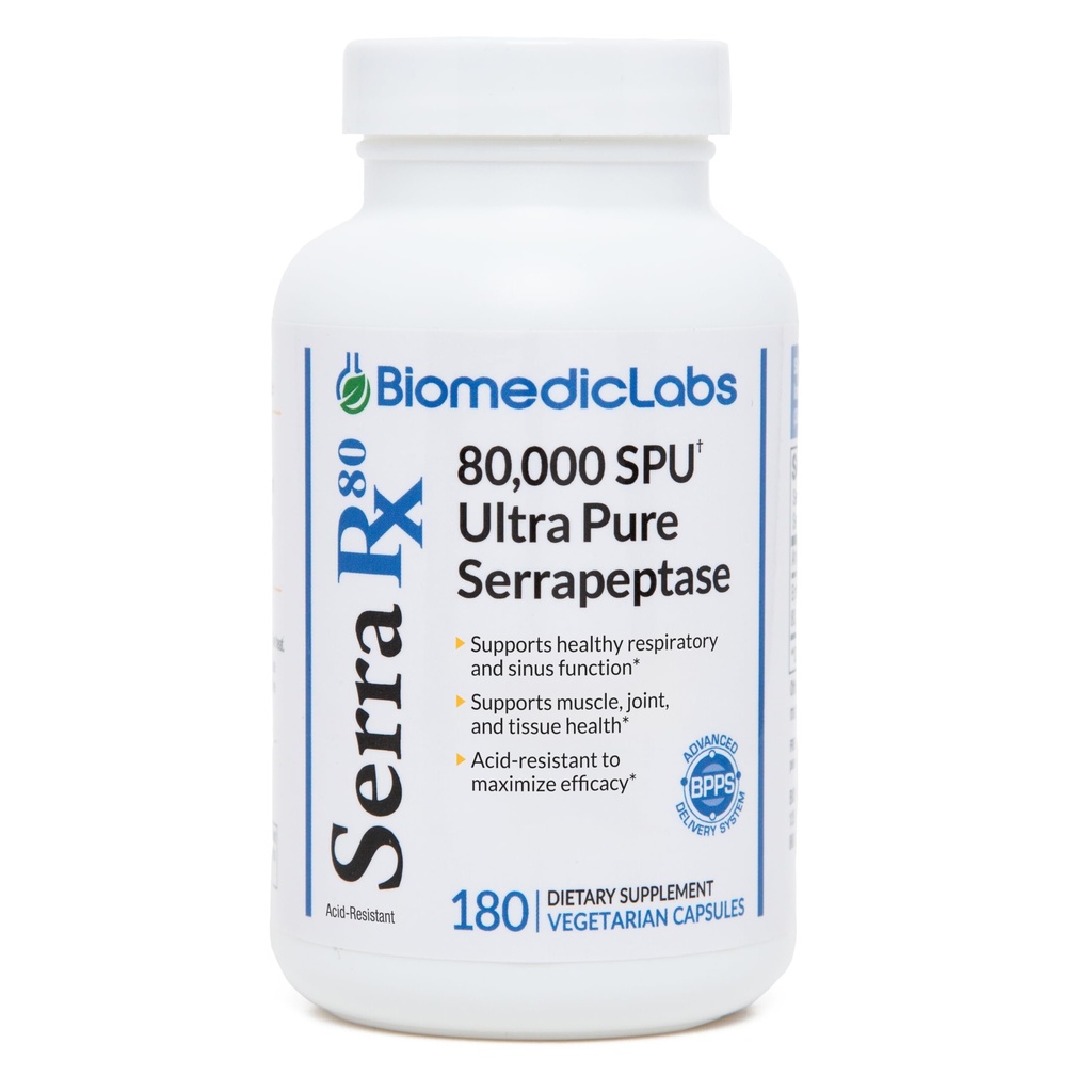 Serra-RX 80.000 SU Serrapeptase - Acid-Resstant Proteolytic Enzima sistemico, Non OGM, Gluten Free, Vegan, Supporti Sinus & Lung Health, 180 Veg Capsule