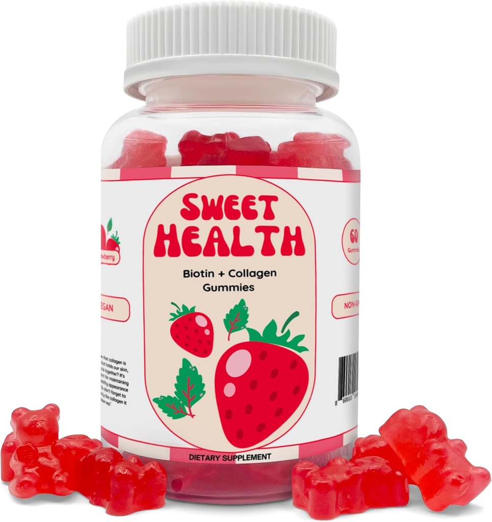 Dolce Salute Capelli Gummies | Pelle giovanile + Crescita dei capelli + Chiodi più forti | 10.000% Biotina + Collagene | Non-GMO | Dolce Fragola
