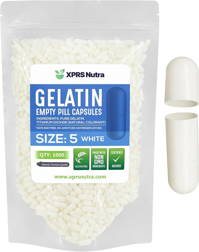 XPRS Nutra Size 5 capsule vuote - 1000 conteggio Capsule Gelatino Vuoto Molto Piccolo - Pillole Riempimento Capsule fai-da-te - Fillable Pill Gel Caps per Do-It-Yourself integratori di vitamina (bianco)