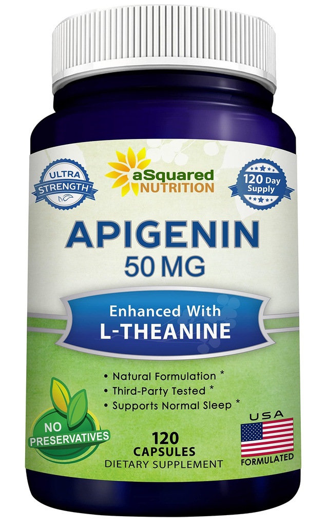 aSquared Nutrition Apigenin 50mg & L-Theanine 200mg - 120 capsule - Apigenin Supplement Pills for Sleep and Relaxation - Natural Bioflavonoid Extract Found in Chamomile Tea