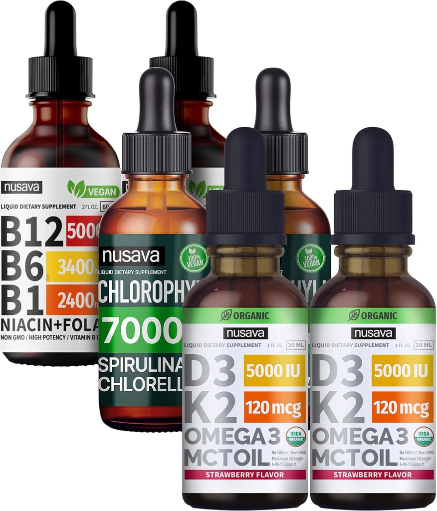 NUSAVA fragola aromatizzata D3 K2, clorofilla, & vitamina B12 gocce liquide Bundle - Potenti vitamine liquide per il cuore, energia, cervello e supporto immunitario - Non OGM, senza glutine, 2pk ogni