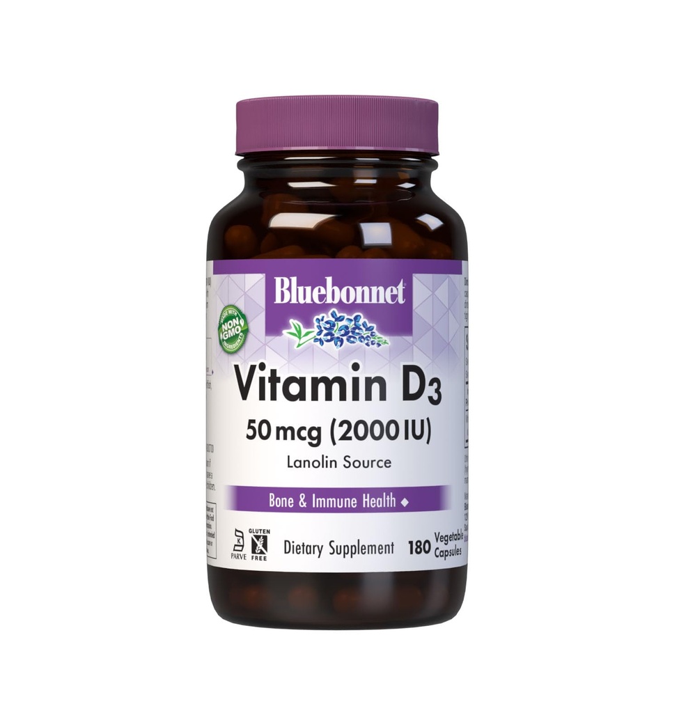Bluebonnet Nutrition Vitamina D3 2000 IU capsula vegetale, aiuto nella crescita muscolare e scheletro, colecalcifero da Lanolin, D3, non OGM, senza glutine, soia libera, senza latte, Kosher, 180 capsula vegetale