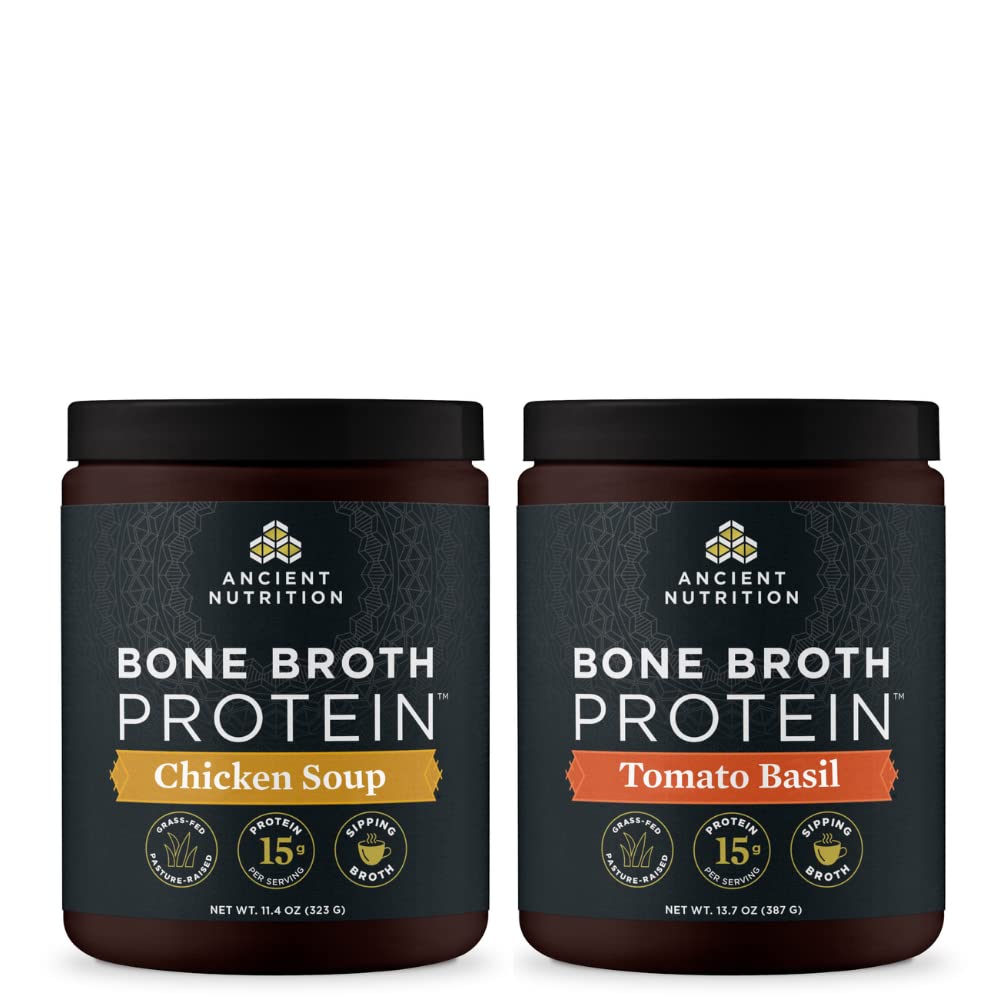 Antica Nutrition Bone Broth Protein Powder, Chicken Soup, 15 Serve + Bone Broth Protein Powder, Tomato Basil, 15 Serve