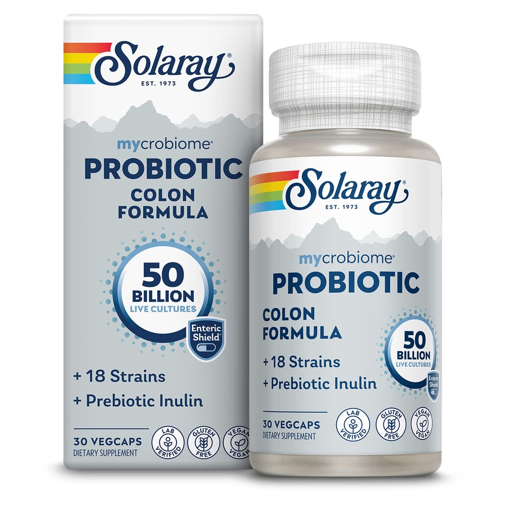 SOLARAY Mycrobiome Probiotic Colon Formula, Vegan, Funzione digestiva, Salute del colon e Supporto del sistema immunitario, 50 miliardi di CFU, 18 Strains, Inulina Prebiotica, 60 giorni di garanzia, 30 Serve, 30 VegCaps