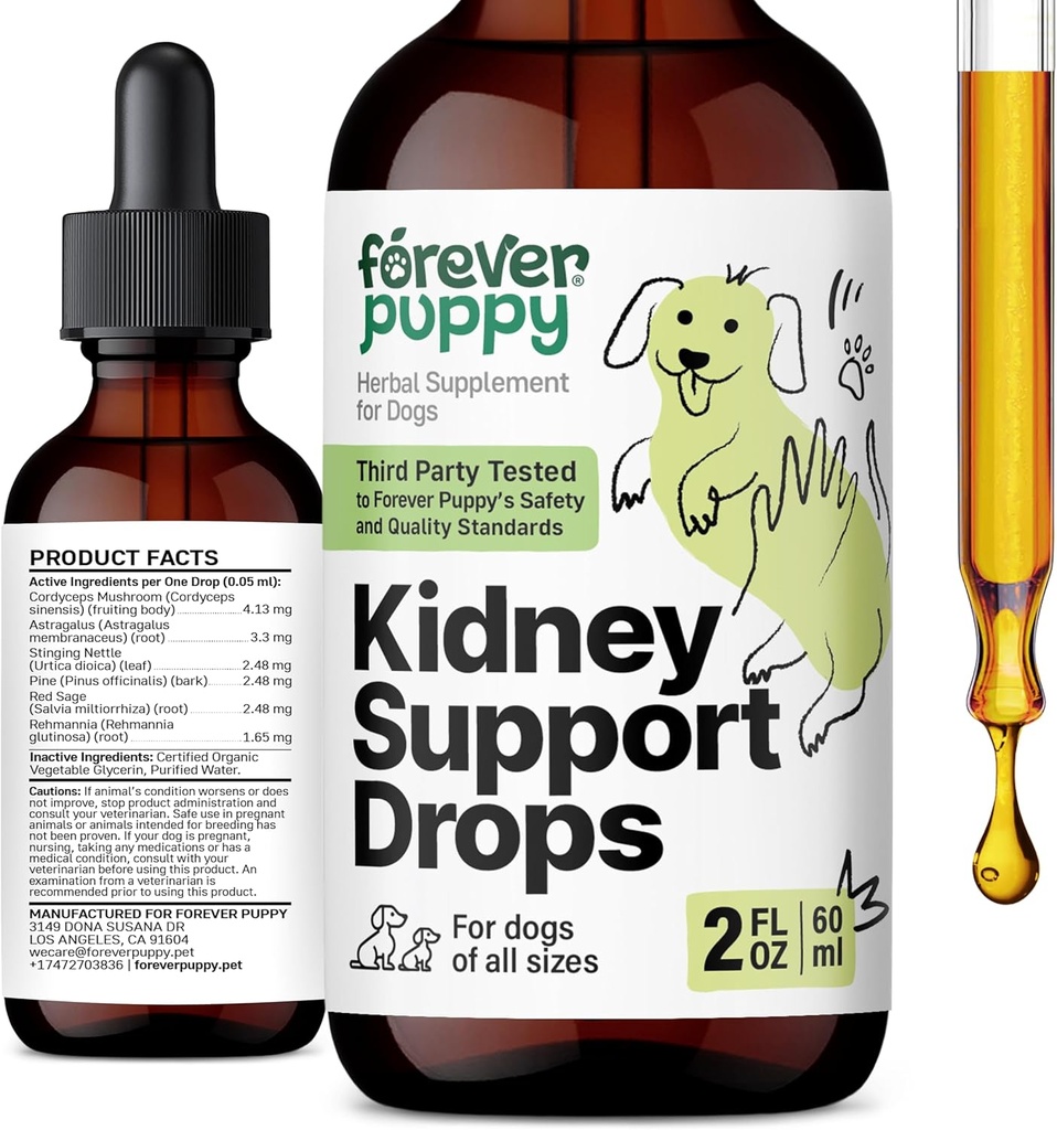 Forever Puppy Kidney Support Drops for Dogs - Cordyceps Mushroom, Astragalus, Sting Nettle Leaf Extract - Liquid Dog Vitamins and Supplements - Sugar & Alcohol-Free Tincture - 2 fl oz