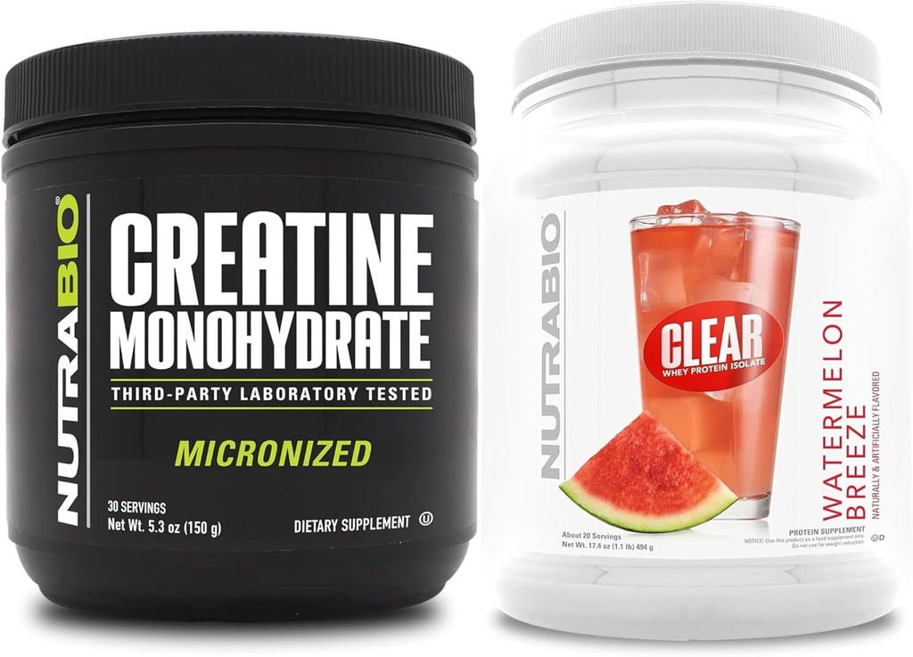 NutraBio Creatina monoidrato, non aromatizzato, (150 g) e isolato di proteine di siero chiaro, (Watermelon Breeze) supplemento Bundle – energia muscolare, crescita massima, recupero e resistenza