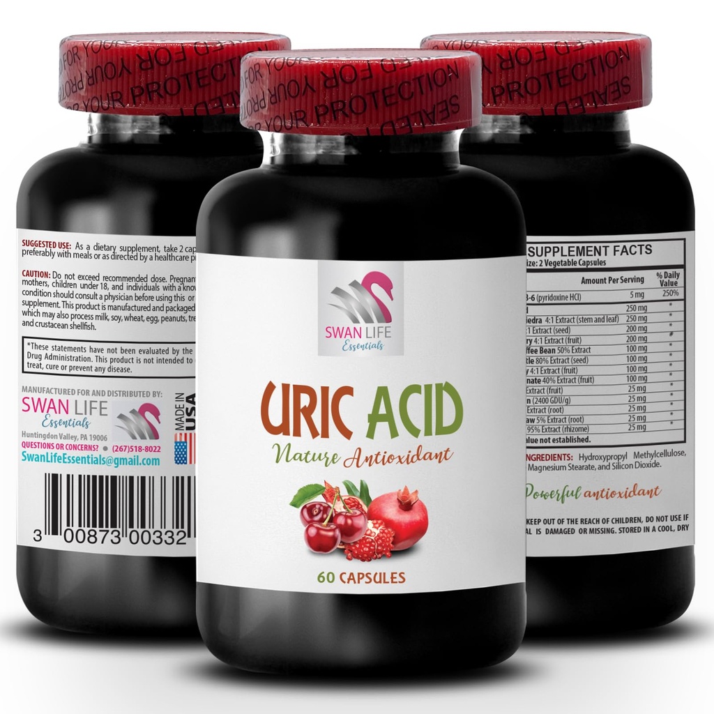Modi naturali per abbassare l'acido urico - acido URIC - integratori per l'acido urico, integratori per acido urico inferiore, capsule di estratto di ciliegia di tart, pillole di ciliegia di tart, Estratto di chicco di caffè verde 1Bot 60Caps