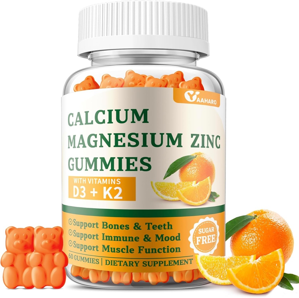 Zucchero Magnesio Zinco Gummies con Vitamina D3 & K2 - Zucchero Calcium Gummies gratuito per donne e uomini - Bone & Supporto immunitario - Non OGM, Senza glutine, Aroma arancione - 60 Gummies