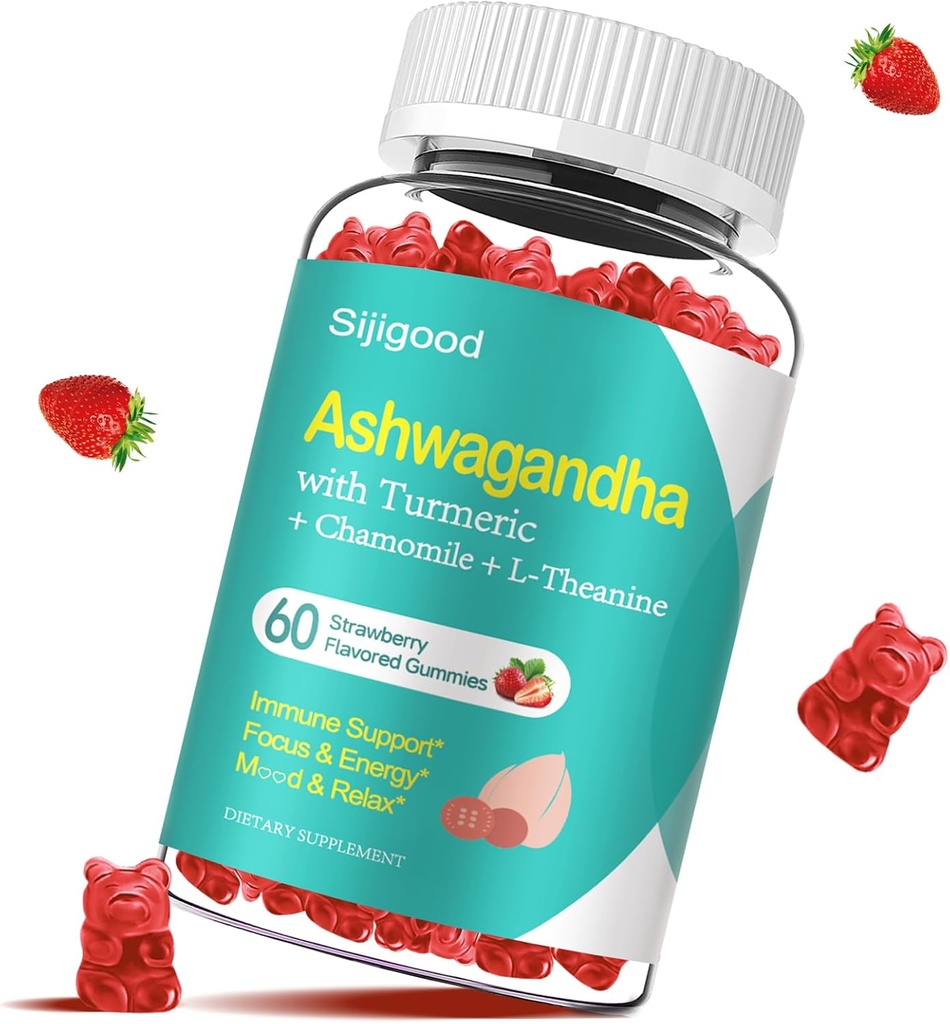 Ashwagandha Gummies con L-theanine, Ashwa Root Supplemento Gummy per donne uomini, 60 fragola Gummies aromatizzato