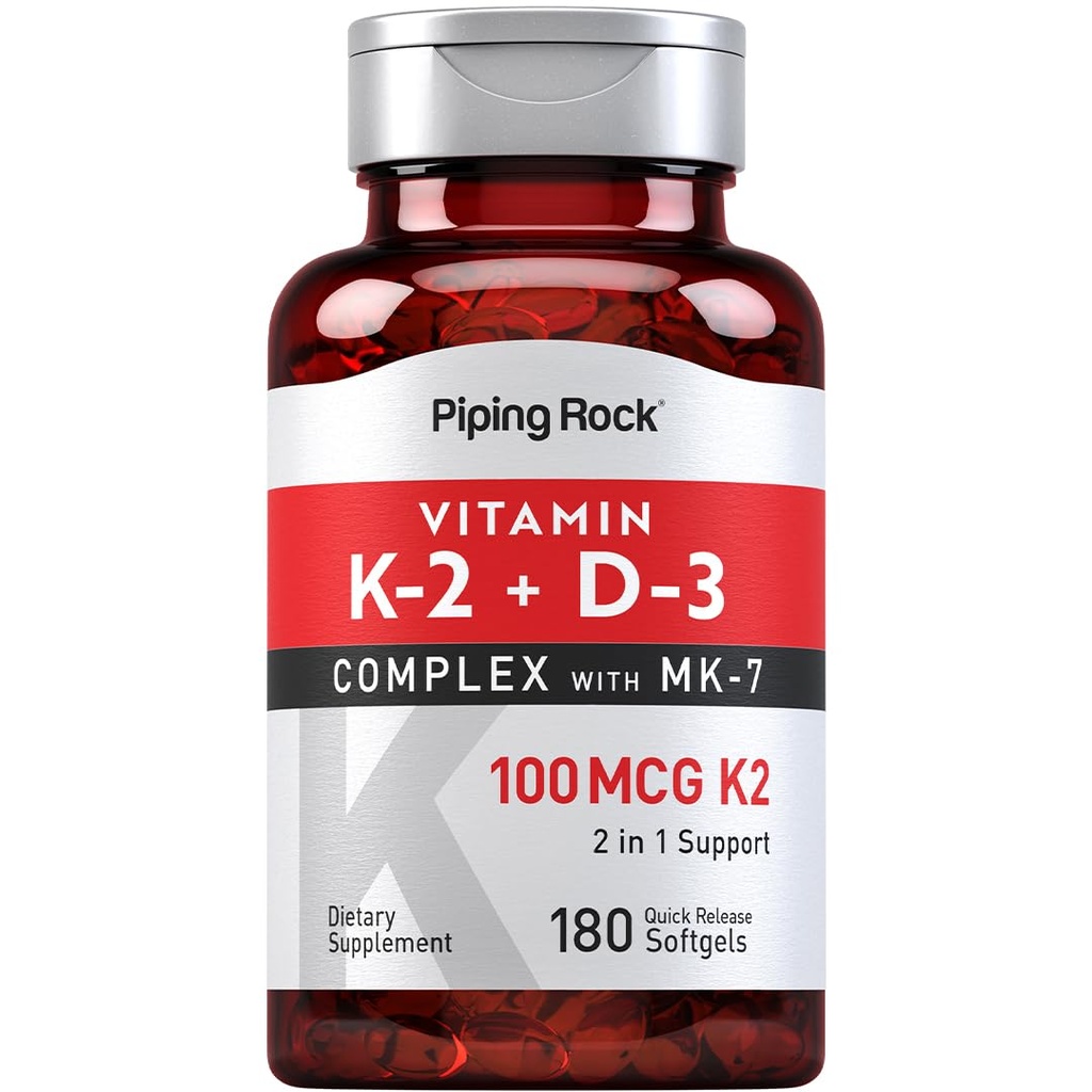 Piping Rock Vitamin K2 D3 Supplemento | 100 mcg | 180 Softgels | Complesso con MK7 | Non OGM, Gluten Free