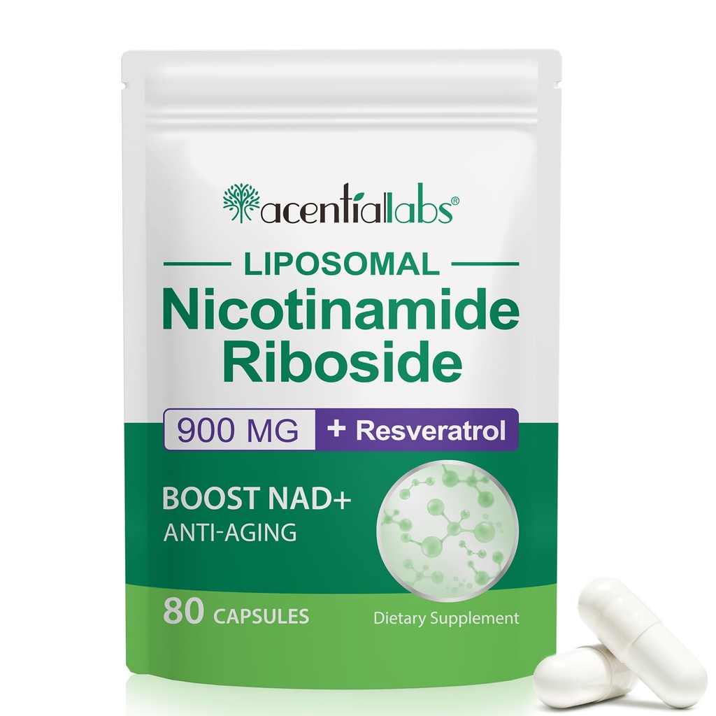 NAD Nicotinamide Riboside Resveratrolo 900mg, NAD Supporto Supplemento Salute cellulare, Anti-invecchiamento, Energia, Focus - 80 capsule