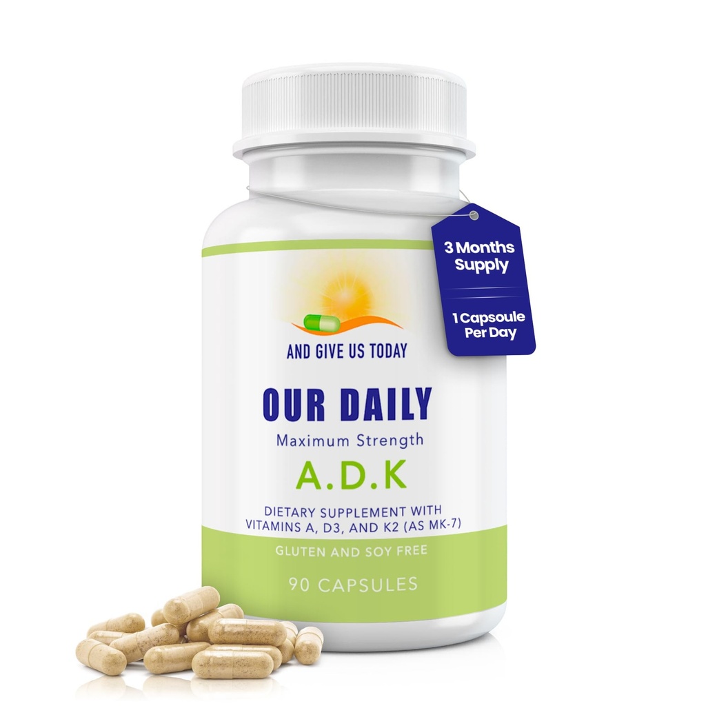 Il nostro supplemento giornaliero di vitamina ADK Vites - Vitamina A, D3 & K (come MK7) - Supporto di sistema Bone & Immune - Vitamine ad alta potenza con ingredienti non OGM - Gluten Free, Soy Free Capsule vegetali