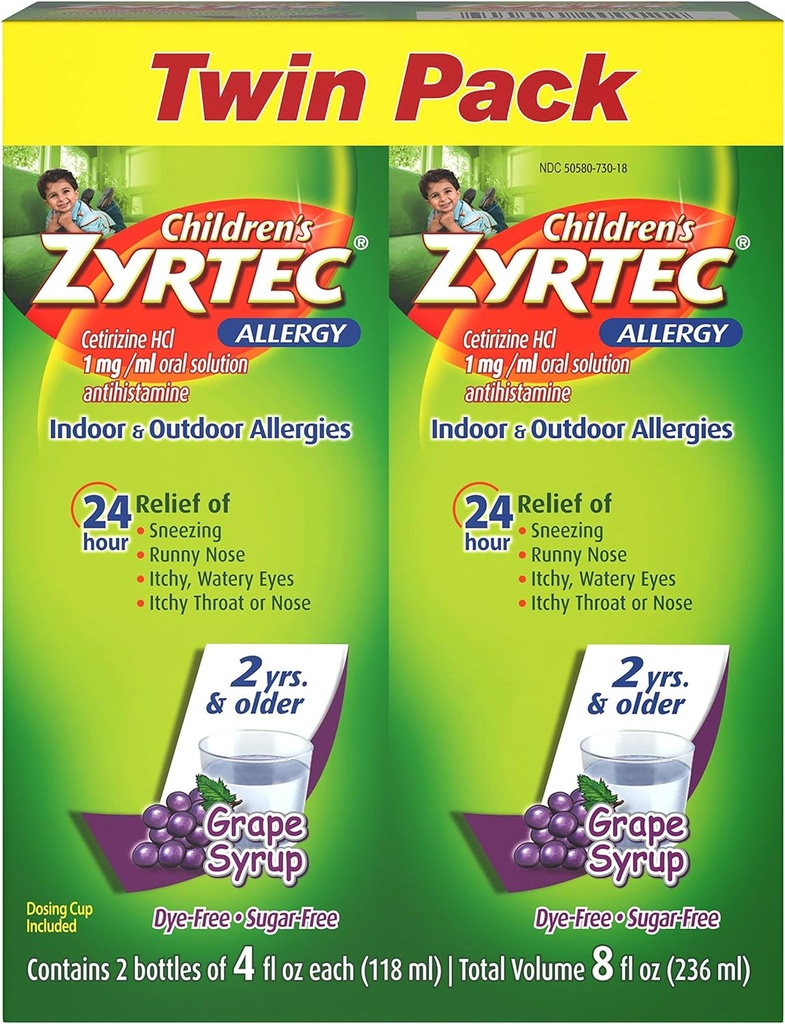 Zyrtec 24 Hr Sciroppo allergia per bambini con Cetirizine, Uva senza zucchero, Twin Pack di 4 fl. oz