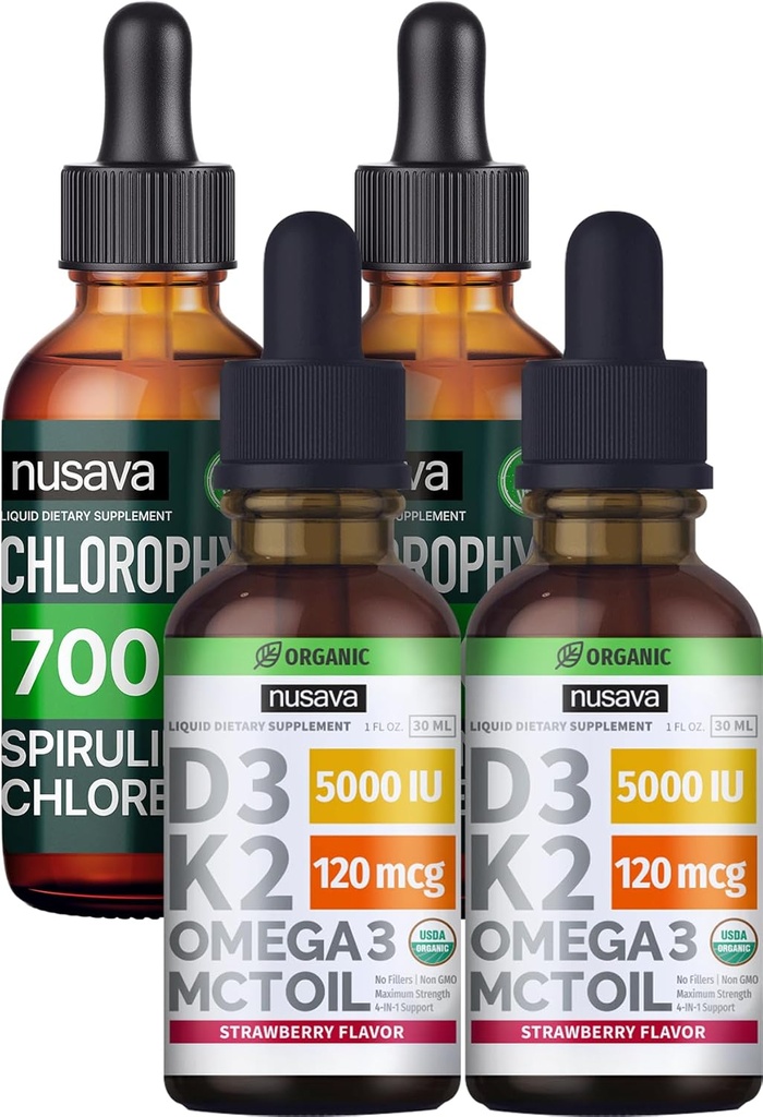 NUSAVA fragola aromatizzata D3 K2 gocce e clorofilla liquido gocce Bundle - Potenti vitamine liquide per cuore, giunto, energia, & supporto immunitario - Non-GMO, senza glutine, 2pk ogni