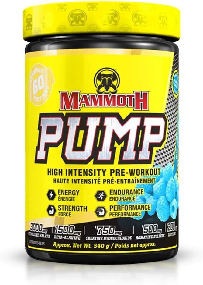 MAMMOTH PUMP – Pre polvere di allenamento, pompe muscolari superiori, aumento di resistenza e di resistenza, supplemento di energia esplosiva e di energia, messa a fuoco accresciuta, recupero rapido, sonno ridotto (60 Serve, blu